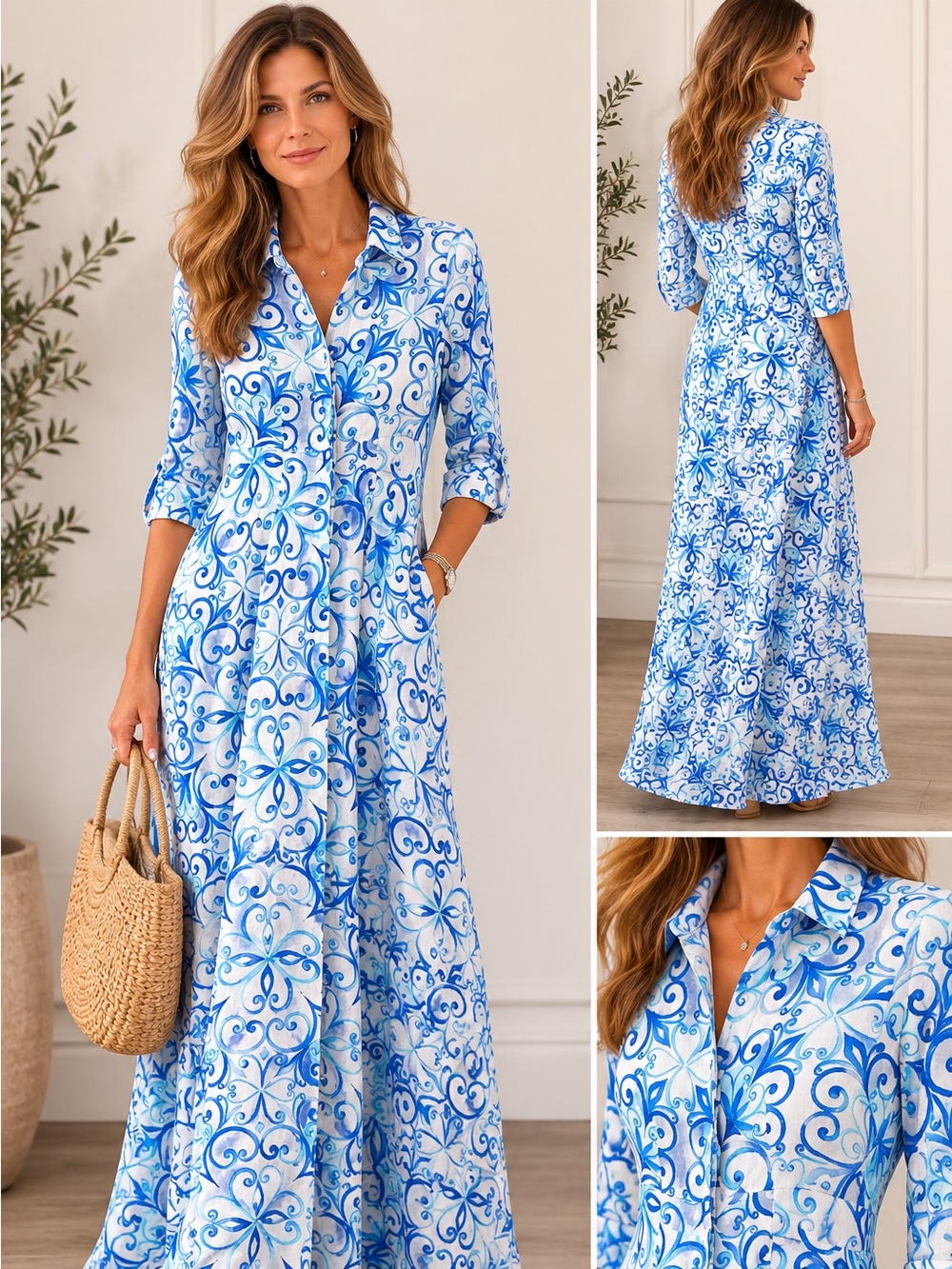 Satoria Saracena Small Blue & White Swirl Linen Maxi Dress